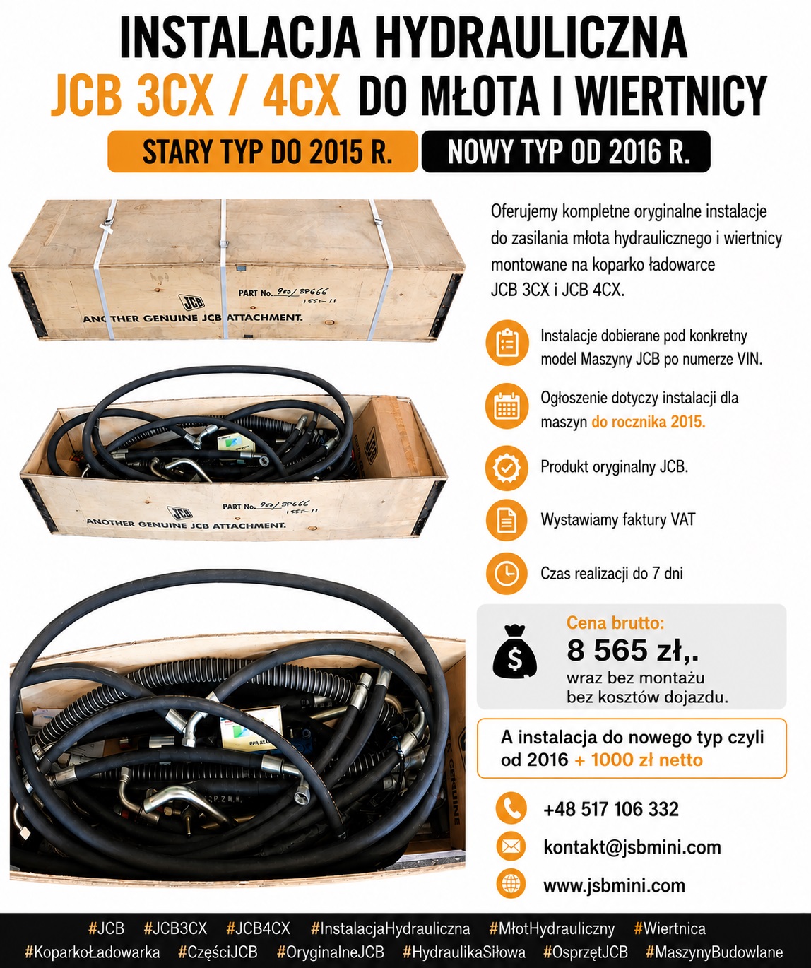 Instalacja hydrauliczna JCB 3CX / 4CX do młota i wiertnicy – stary typ do 2015 r. / nowy typ od 2016