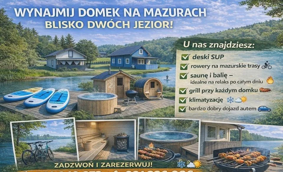 Wynajem domków Mazury | Sauna, rowery, SUP, grill